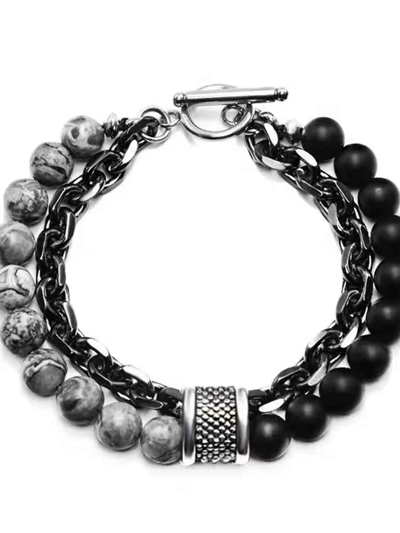 1 Piece Punk Simple Temperament Black Beaded Chain with Natural Stone Beaded Chain Bracelets MEN'S FASHION Items Holiday Travel