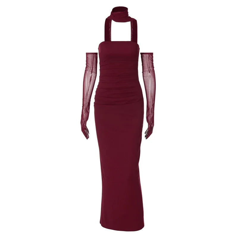 Mozision Strapless Backless Sexy Maxi Dress For Women Burgundy Mesh Sleeve Off-shoulder Bodycon Club Party Evening Long Dress