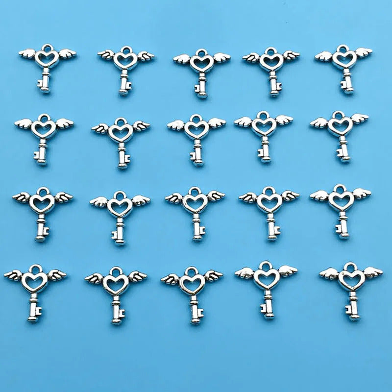 10/20pcs Antique Silvery Angel Wings Key Heart Creative Charm For Jewelry Making Bracelet Necklace Earrings Keychain DIY Handmad