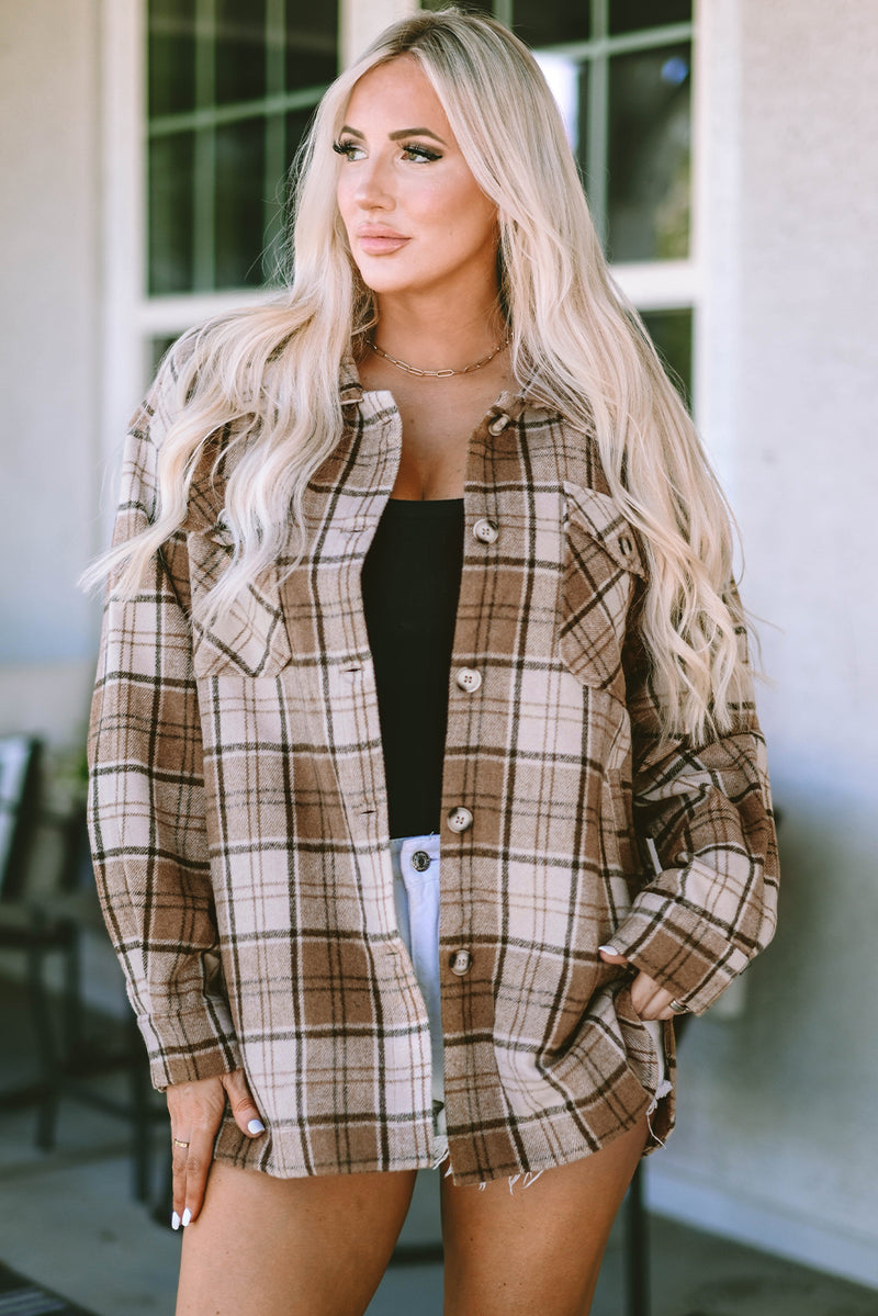 Brown Plaid Print Chest Pockets Shacket