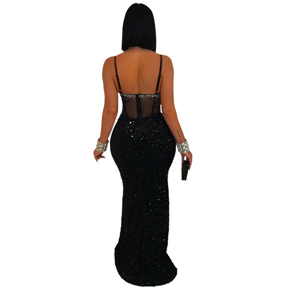 CM.YAYA Women Mesh Velvet Diamonds Sleeveless Strap Bodycon Maxi Dress Sequine Birthday Sexy Party Evening Vestidos Long Dresses