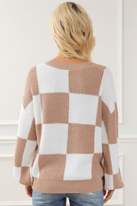 Checkered Ribbed Knit Puff Sleeve Sweater