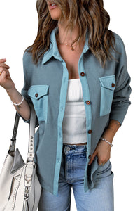 Sky Blue Chest Flap Pockets Waffle Knit Shacket