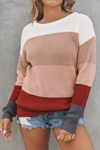 Chestnut Color Block Knitted O-neck Pullover Sweater