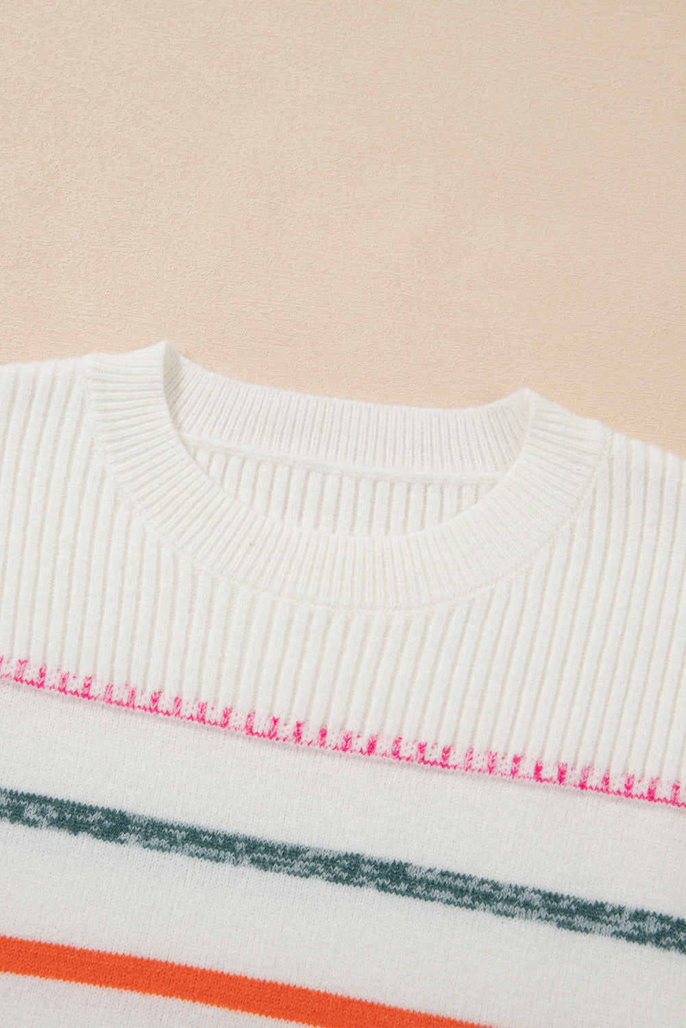 White Colorful Striped Ribbed Trim Sweater