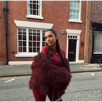 Retro Burgundy Tassels  Faux Fur Long Sleeves Short Coat Elegant Loose Turn-down Collar Jacket 2024 New Woman High Street Coats