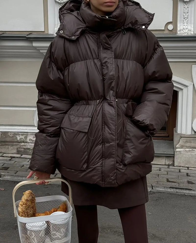 Winter Warm Brown Hooded Thicken Cotton Jackets Women Drawstring Pockets Quilted Coats 2025 Fashion New Casual Street Outerwears