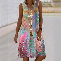 Geometric Printed V-Neck Dress Women Summer Sleeveless Vest Dresses Casual T-Shirt Robes