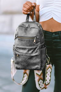 Gray Double Zipper Faux Leather Backpack