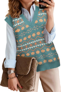 Sky Blue Tribal Print V Neck Knitted Sweater Vest