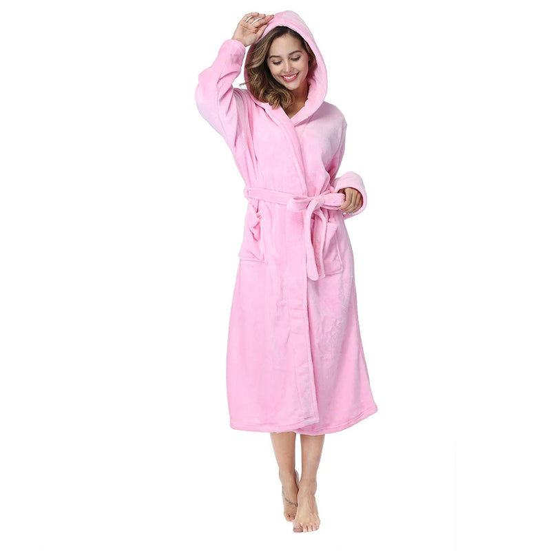 RONGTAI Womens Solid color Hooded Bathrobe Ladies Fleece Plush Warm Long Robes Fleece Nightgown Sleepwear