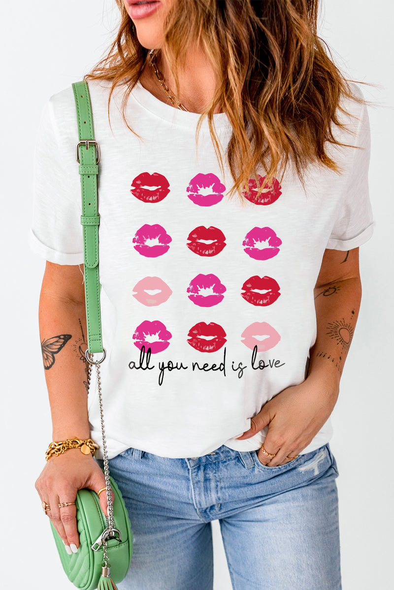 White all you need is love Valentines Kisses Graphic Tee