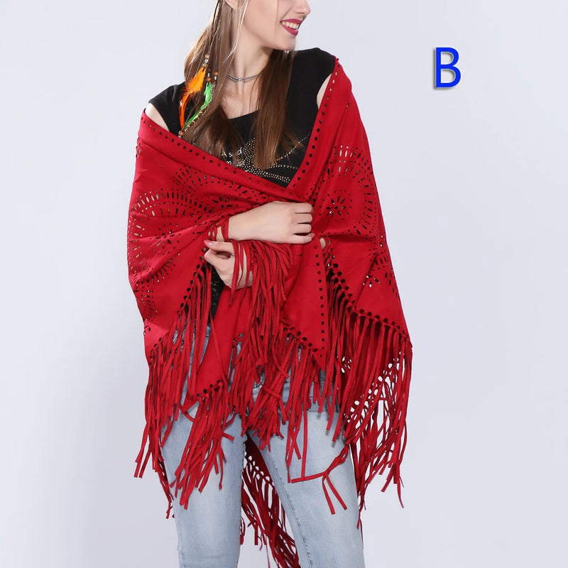 Women's Loose Suede Fringe Open Poncho Cloak Shawl Wrap with Punch Hole Patterns and Graceful Fringes Dropshipping