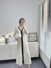 Elegant Bodycon Short Sleeve Knit Dress Korean Sexy Slit Maxi Dress Women Black White Summer Long Knitted Dresses For Women 2024