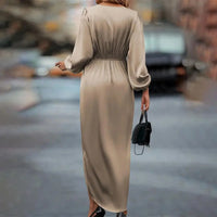 New Elegant Women's Maxi Dress With Cross Neckline Folded Pleats Slit Bubble Sleeves Irregular Long Sleeves Dress  Autumn 2024