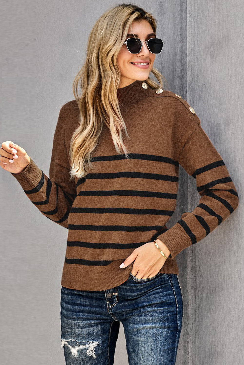 Green Striped Turtleneck Long Sleeve Sweater with Buttons