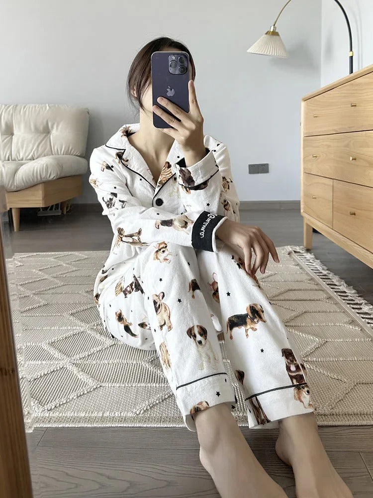 100% Cotton Pajamas for Women Loose Cartoon Long Sleeve Pants Loungewear Women 2 Piece Set Pj Women Outfit Sleepwear Set Pijamas