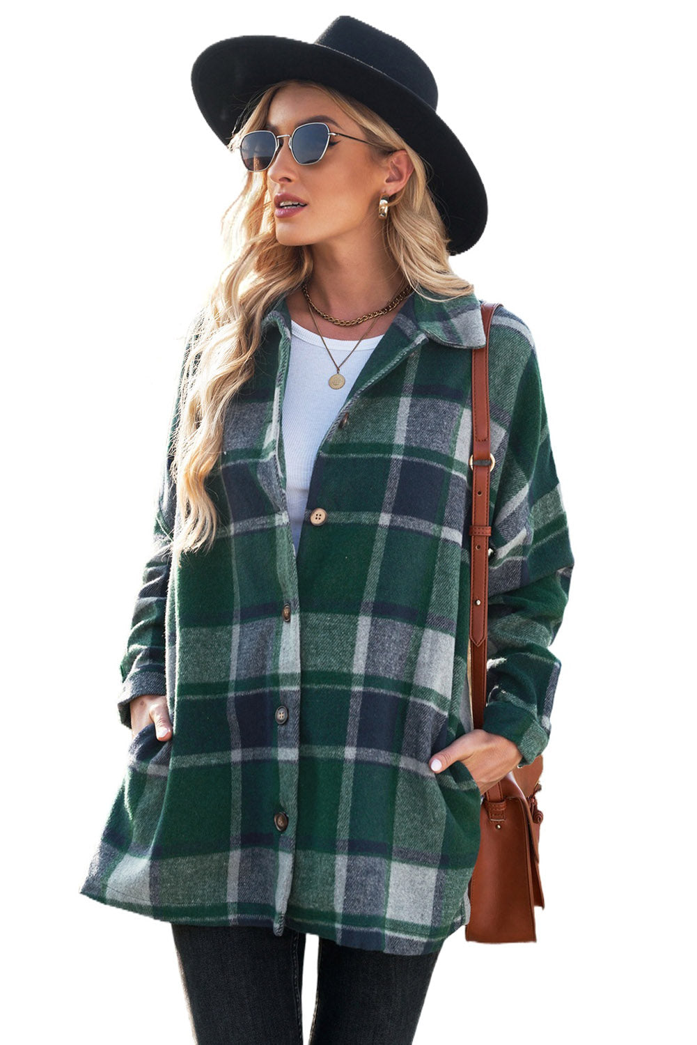 Green Plaid Print Buttoned Shirt Jacket