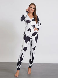 Back Buttoned Flap Pajamas Jumpsuit for Women Christmas Sleepwear Fall Winter Printed Long Sleeve Rompers Loungwear Outfit