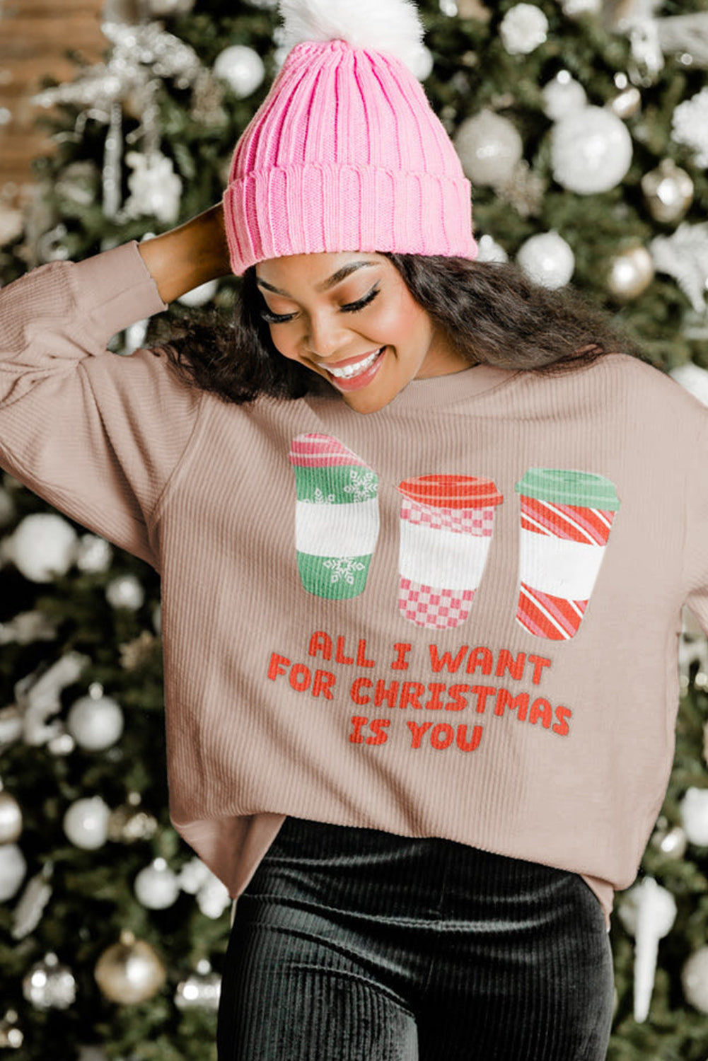 Apricot All I Want For Christmas Is You Ribbed Pullover Sweatshirt