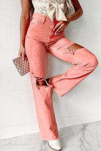 Pink High Waist Ripped Straight Leg Pocket Jeans