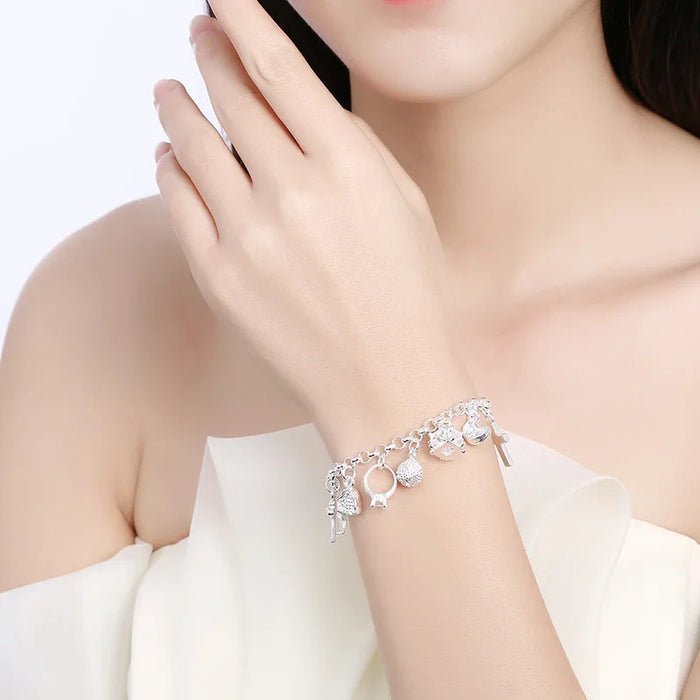 Fashion 925 Sterling Silver Bracelet for Woman Pretty Heart Zircon Pendant Chain Wedding Party Gifts Classic Jewelry 20CM 8inch