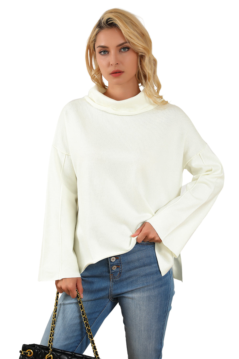 White Expose Seam Turtle Neck Side Slit Oversized Sweater