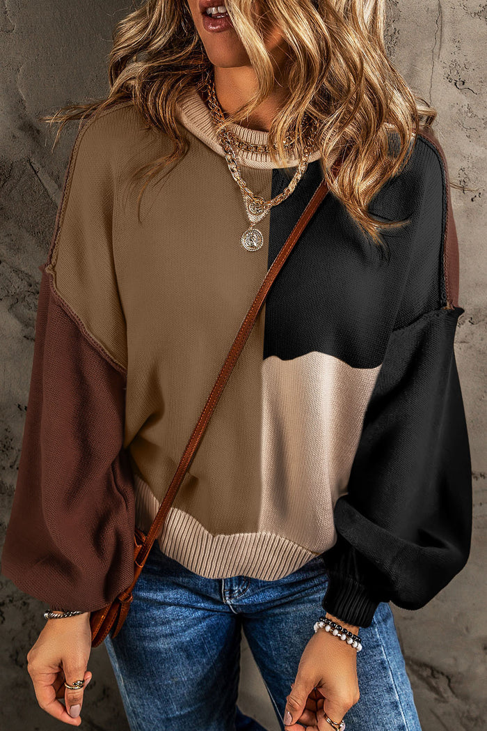 Chicory Coffee Colorblock Exposed Seam Balloon Sleeve Sweater