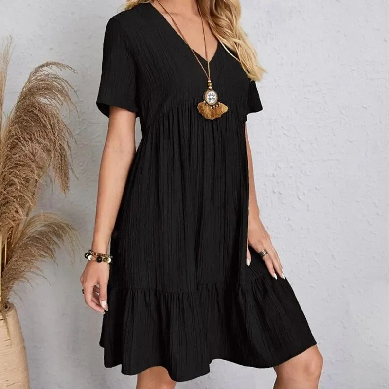 Women Summer Peplum Dresses Spring V-Neck Short Sleeve Loose Waist Ruffle Fit Flare Vocation Dresses