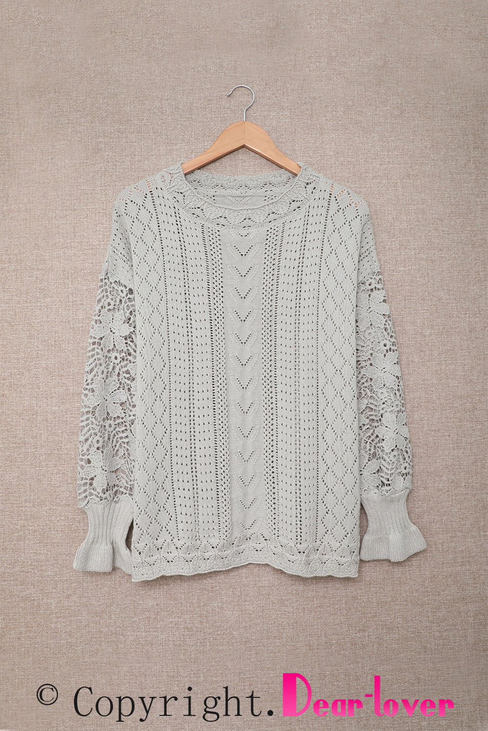 Gray Crochet Lace Pointelle Knit Sweater