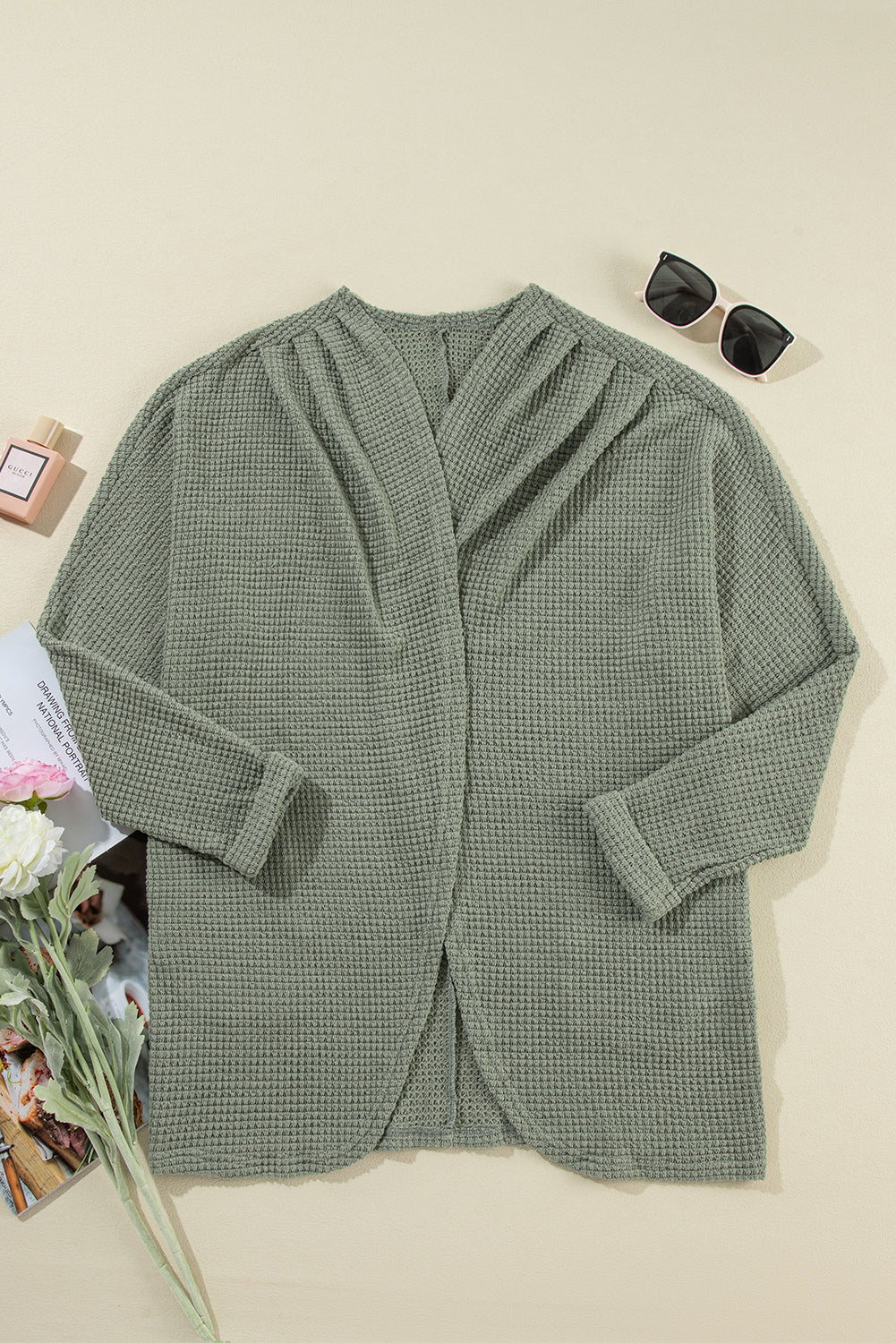 Laurel Green Waffle Knit Open Front Cardigan