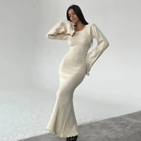 Elegant Solid Ruffles Knitted Dress For Women Loose O Neck Long Trumpet Sleeve Maxi Dresses 2024 New Female White Knitwear