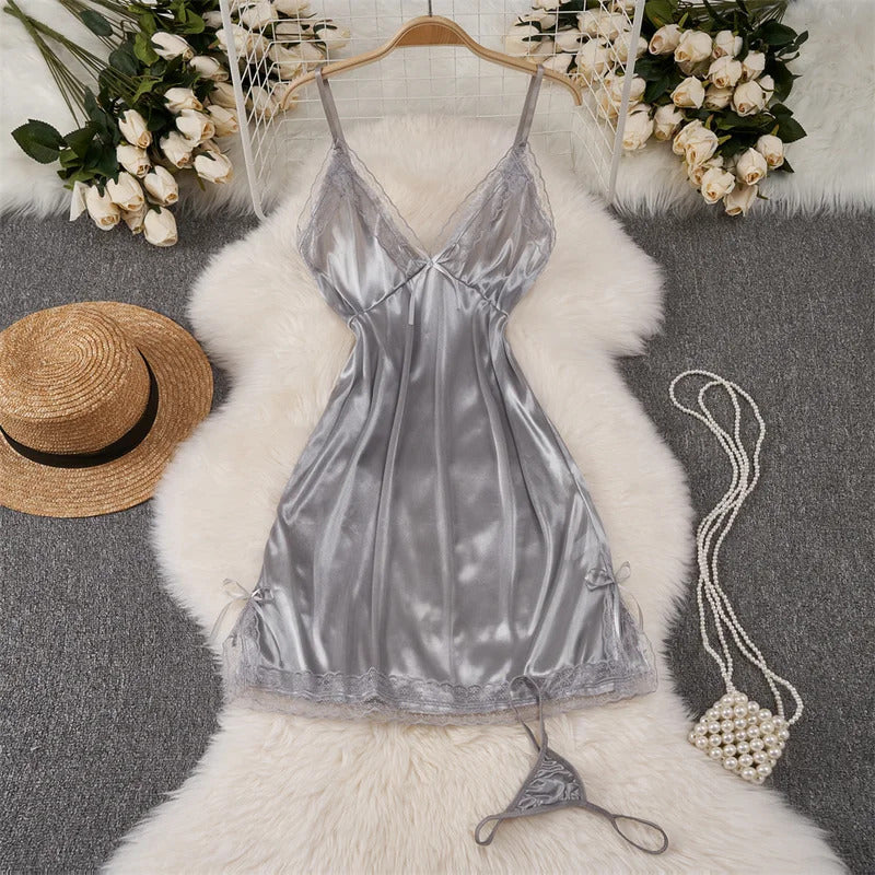 Deep V-neck Slim Fit High Waist Strap Dress Lace Patchwork Satin Sleepwear Sexy Elegant Retro Sleepdress Sleepwear Women Pajama