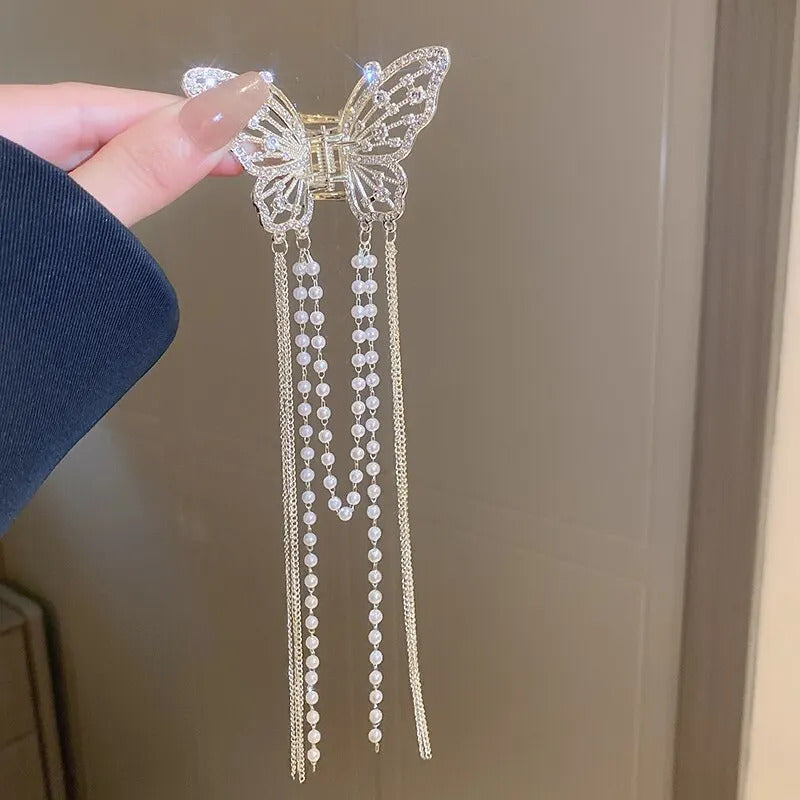 Butterfly Hair Clip With Long Tassel Hair Accessories For Women Elegant Imitation Pearl Rhinestone Shark Hairpins Jewelry