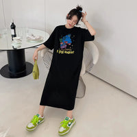 Harajuku Graphic White Long Dress Woman Clothing Y2k Casual Short Sleeve O-Neck Korean Fashion Summer Womens Loose Dresses 2024