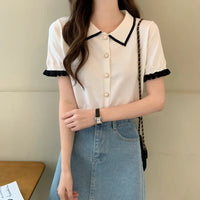 Sweet Women Shirt Korean Knitted Turn Down Collar Chic Short Sleeve Female Blouse Summer Retro Slim All Match Ladies Crop Tops