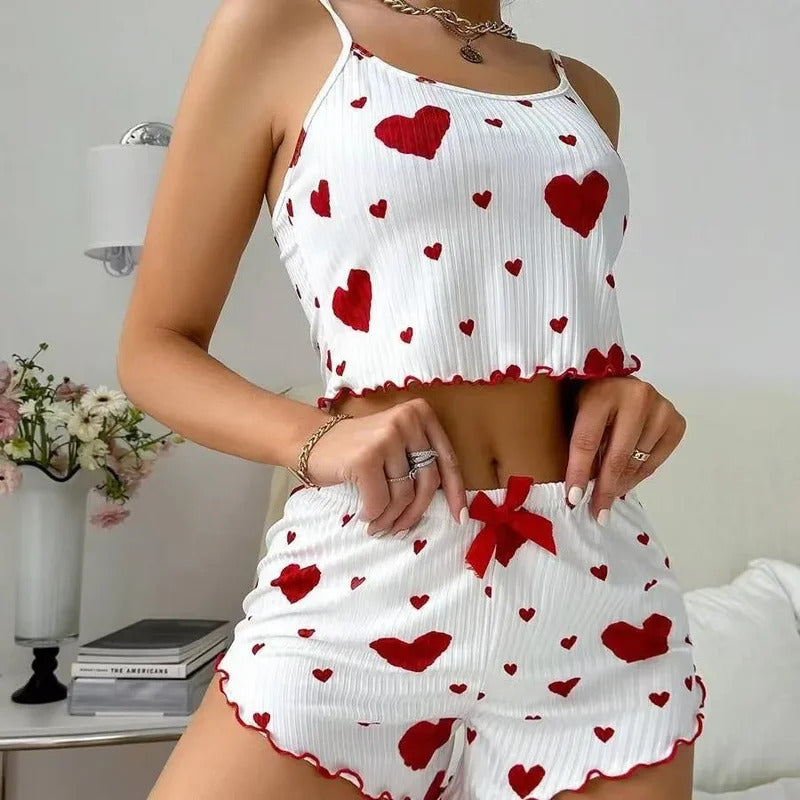 Hot Selling Womens Pajamas Set Sleepwear 2PCS Short Tank Tops And Shorts White Ventilate Soft Casual Red Love Printing Sleepwear