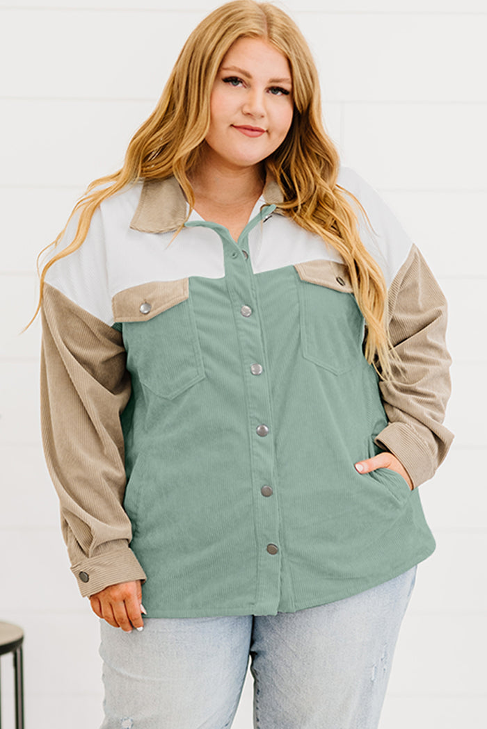 Multicolor Color Block Buttoned Pocket Corduroy Plus Size Jacket