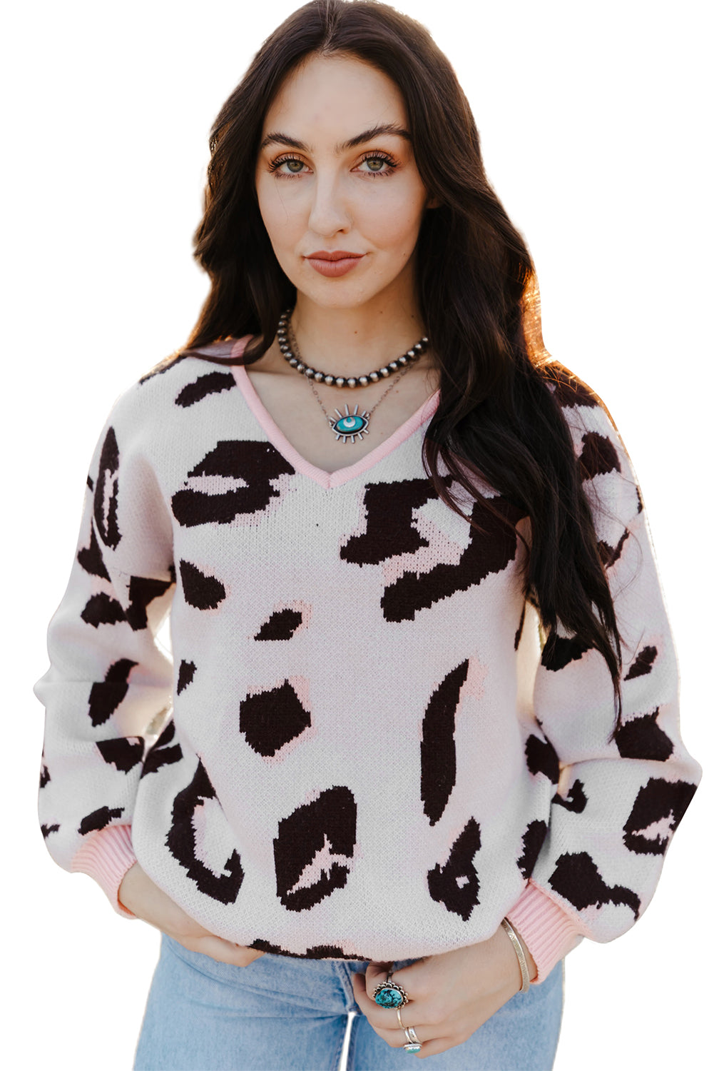 Contrast Trimmed V Neck Leopard Sweater