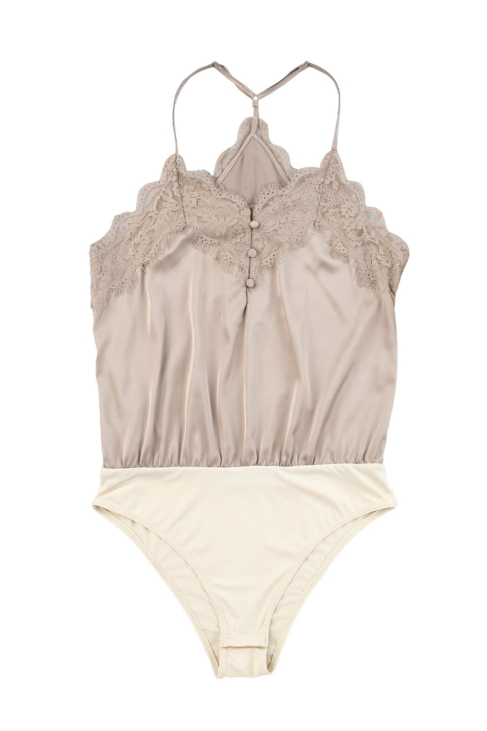 Apricot Lace Neckline Sleeveless Satin Bodysuit