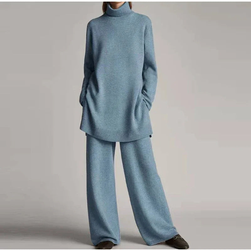 Loose Knitted Pullover Pants Set Women Casual Turtleneck Sweater Wide Legs Long Trousers 2025 Spring New Lady Solid Suits