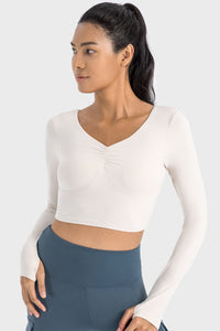 White V Neck Long Sleeve Cropped Sports Top