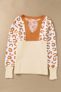 Orange Colorblock Leopard V Neck Sweater