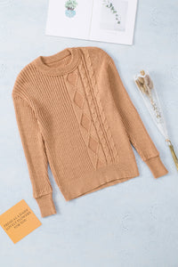 Khaki Multiple Pattern Knit Drop Shoulder Sweater