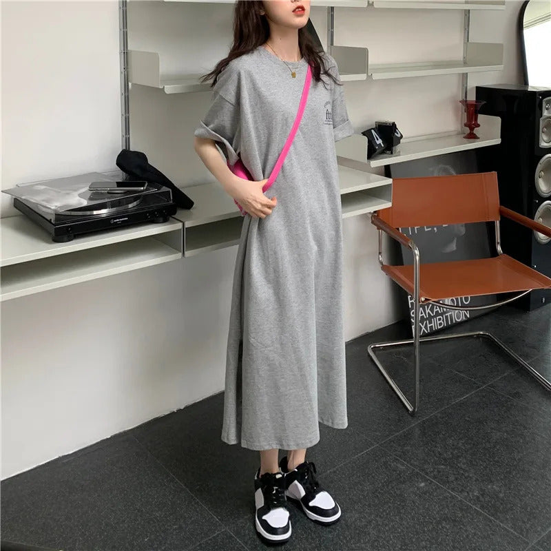 1 Piece plus Size WOMEN'S Loose Split Knee-length T-shirt Dress Casual Simple Fashionable Letter Print Nightgowns