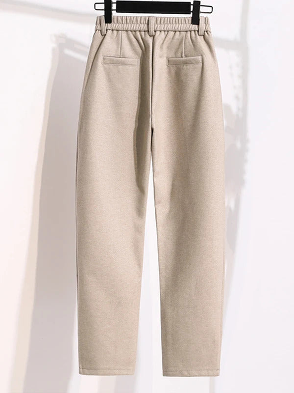 Plus Size Woolen Pants Women 2024 Autumn Winter New Arrivals Beige Or Black Suit Pants Trousers Korean Style Elastic Waist Pants