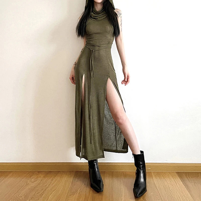 Goth Dark Cyber Gothic Desert Walker Hooded Dresses Y2k Punk Grunge Hollow Out Midi Dress Women Sexy Split Side Solid Streetwear