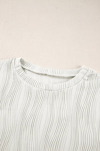 White Textured Wavy Round Neck Long Sleeve Top