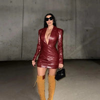 Sexy Deep V Neck Burgundy Leather Dress Women Long Sleeve High Waist Fold Slim Mini Dresses 2024 New Lady Highstreet A-line Robe