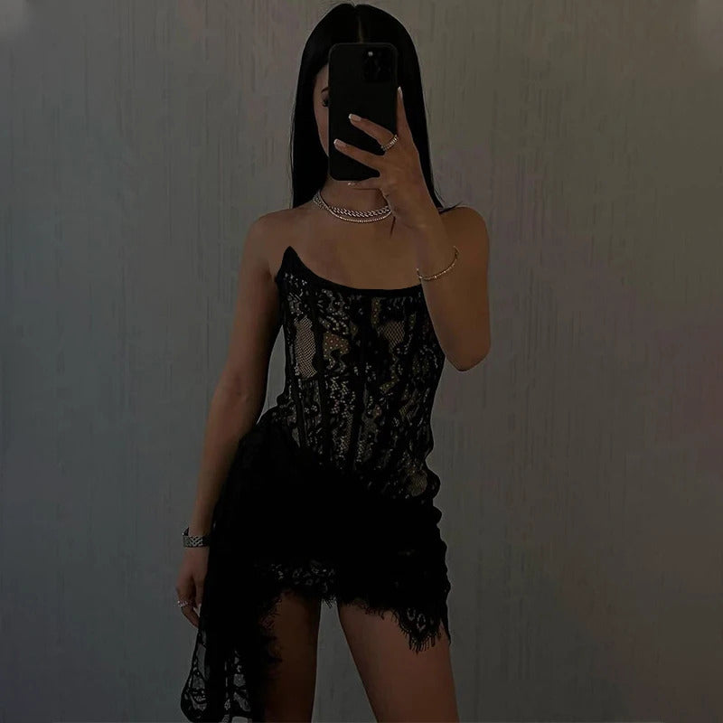 Candyhot Elegant Lace Strapless Sexy See-through Dress Bandage Irregular Mini Dress For Women Summer Slim Street Party Dress